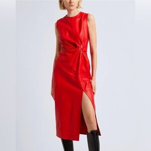 Leather Drape & Knot Pencil Midi Dress